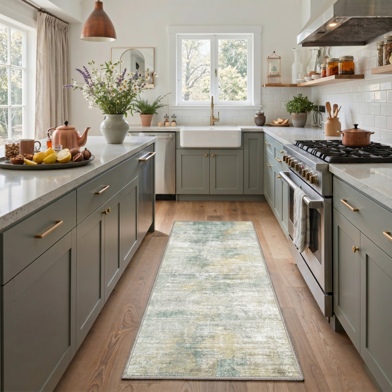 Swoosh Ivory / Sage Indoor Abstract Area Rug,Machine Washable,With Non-Slip Backing, Runner 2'3" x 6', Ivory,Sage
