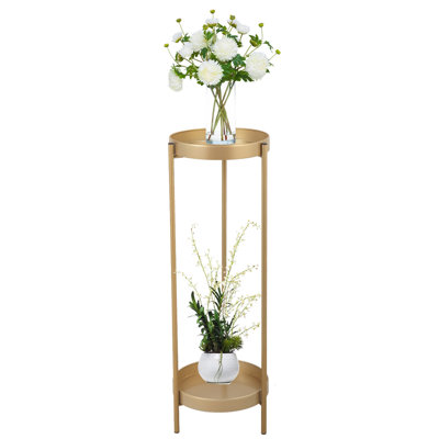 Support à plante pliable moderne à 2 niveaux avec 2 plateaux ronds pour l'intérieur et l'extérieur