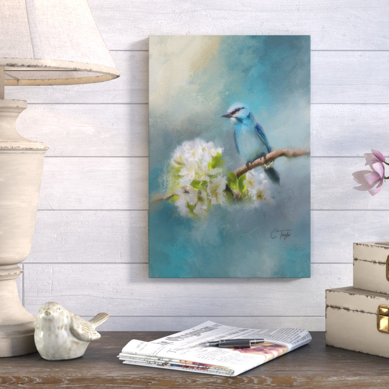 « blue song oiseau », reproduction de peinture à l’acrylique sur toile tendue, H 18 po x l 12 po