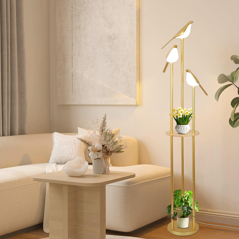 Floor Lamp For Living Room With Shelves, Modern Mid Century Standing Light With 3 Adjustable LED Bird Lights, Corner Tall Lamp With Table, Gold