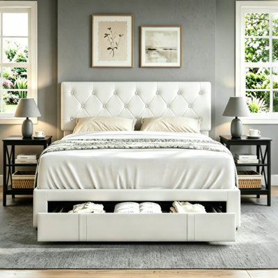 Lit plateforme tapissier avec rangement et tête de lit capitonnée réglable + ensemble de 2 tables de chevet industrielles à 3 niveaux, ensemble complet de meubles de chambre à coucher avec tiroirs, aucun sommier nécessaire, base de lit en cuir PU avec tables de bout