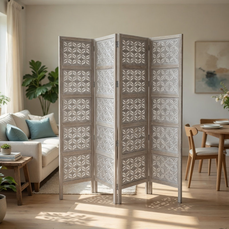 Paravent Casondra, 4 panneaux, bois de manguier blanc antique, motif floral sculpté