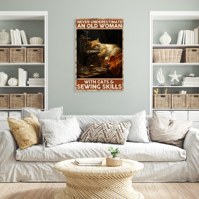 An Old Woman With Cats And Sewing Skills - 1 Piece Rectangle Graphic Art Print On Wrapped Canvas