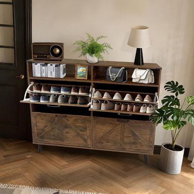 Armoire à chaussures autoportante brune avec 4 tiroirs rabattables et pieds en métal, organisateur de chaussures étroit et peu encombrant pour vestibule, vestibule ou couloir