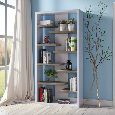 Modern Two-tone Faux Floating Shelf Display Cabinet – 8 Shelves (1 Bottom Sole Shelf Included), 10lb Max Weight Per Shelf For Home Decor & Storage