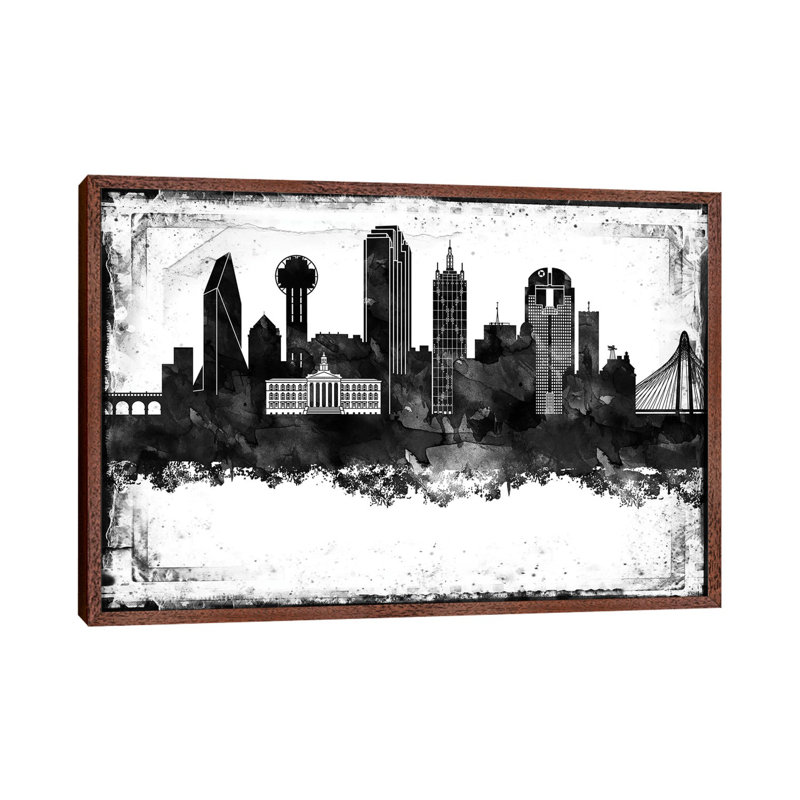 Dallas Black And White Framed Skylines - Print on Canvas, 66.04cm H x 101.6cm W x 3.81cm D, Classic Brown Wood Framed