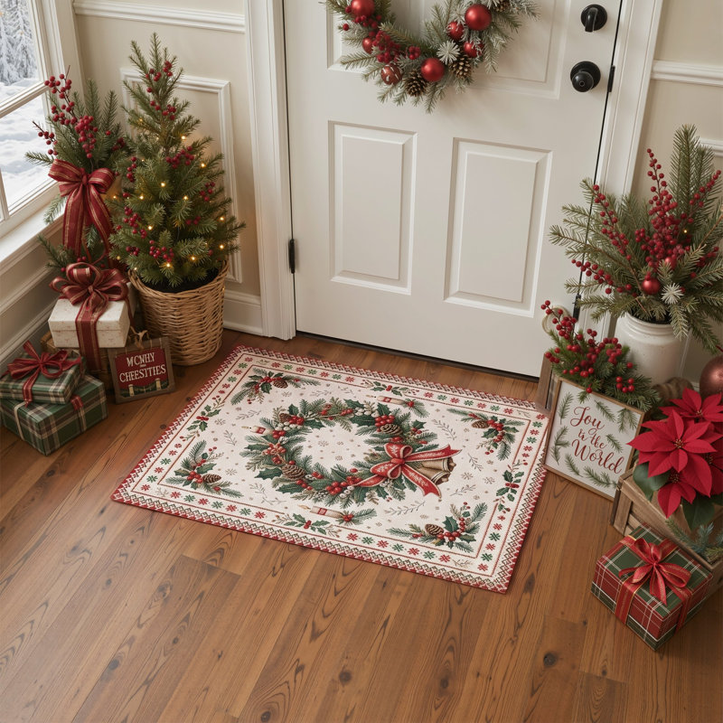 Tapis de salon lavable à poils courts, motif floral de Noël ivoire et vert, avec couronne de sapin illuminée aux chandelles