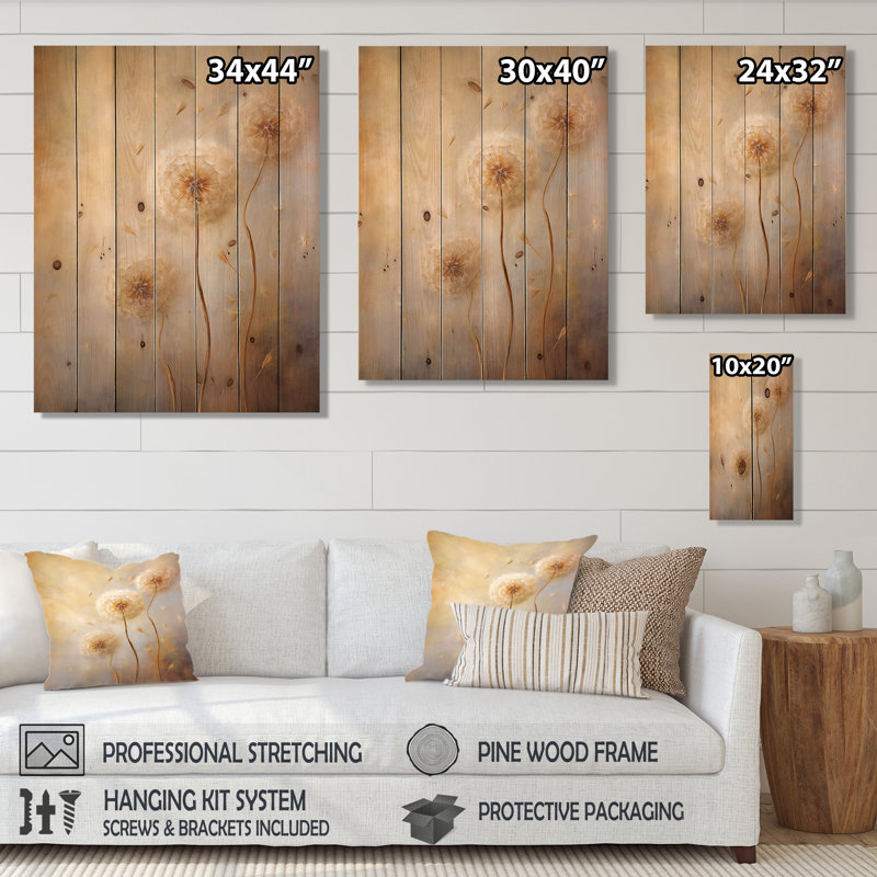 Impression romantique de pissenlit blanc II sur bois, H 40 po x l 30 po x P 0,78 po