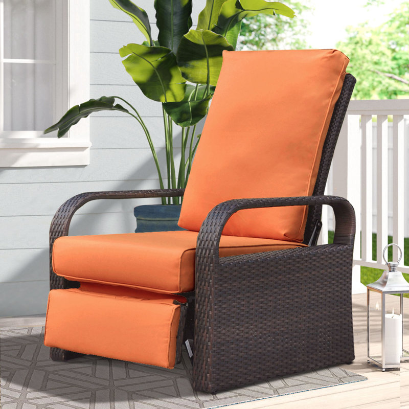 Outdoor all-weather aluminum+PE wicker adjustable recliner patio chair with cushion, Orange, Black