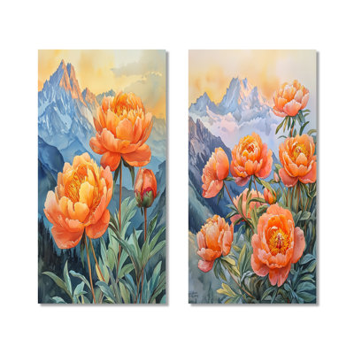 Pivoines estivales et le lever du soleil I - Nature orange, 2 grandes impressions murales en métal