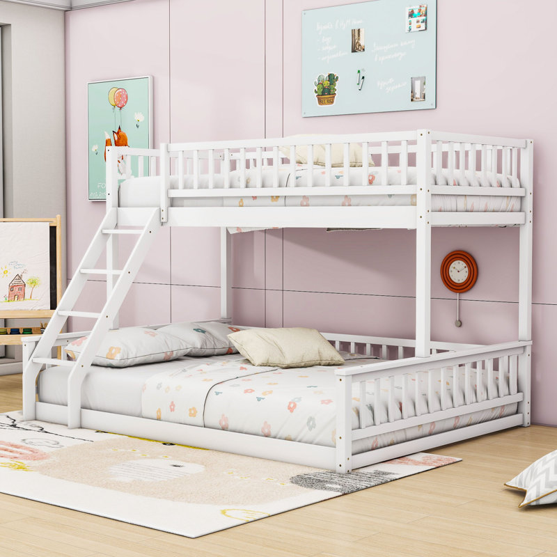 Katienne Bunk Bed With Ladder And Guardrails, White, Twin XL Over Queen
