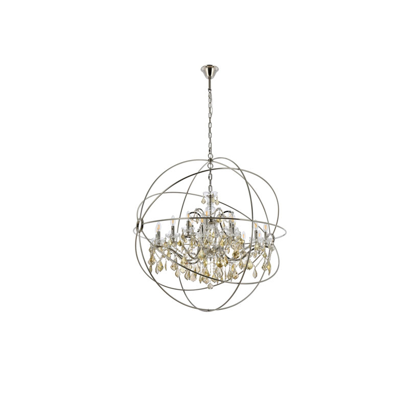 Lustre globe à bougie 18 lumières Svante, Teck doré (fumé), Nickel poli