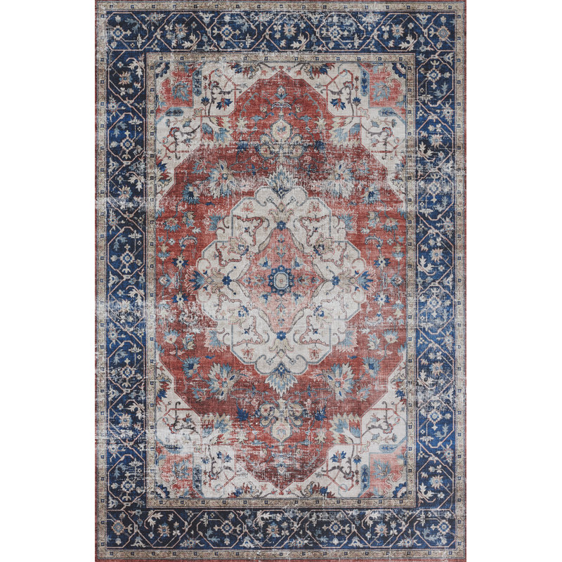 Tapis oriental rouge / bleu / blanc Doheny, Rectangle de 7 pi 6 po x 9 pi 6 po