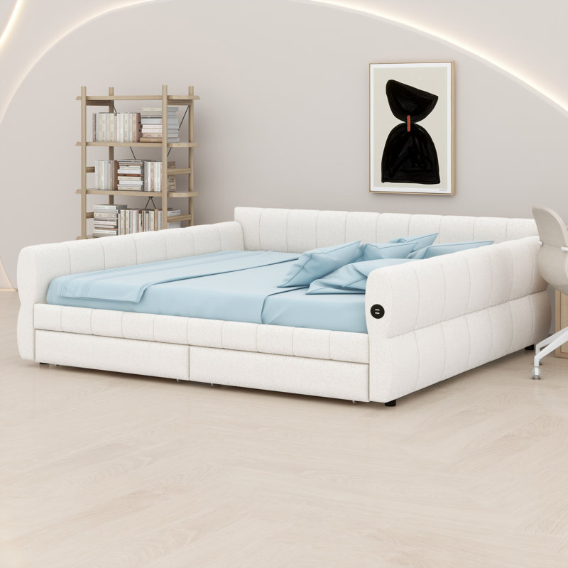 Platform Bed Frame Upholstered with USB Charging Station and 2 Storage Drawers, White