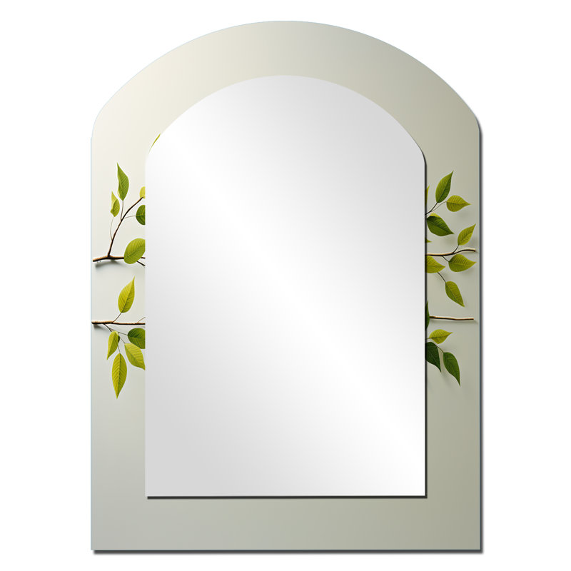 Green Ferm Simple Collage - Leaves Arch Unique Wall Mirror, Traditional Asymmetrical Mirror, Printed Metal Art, 34" x 25"