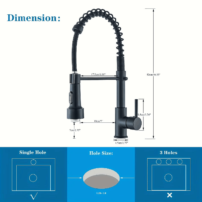 Robinet de cuisine noir avec douchette rétractable à poignée simple à 1 ou 3 trous avec plaque de pont pour lavabo de camping-car Farmhouse