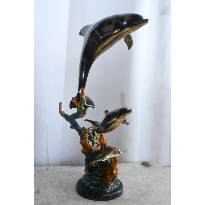 Sculpture deux dauphins avec tortue de mer sur corail 18 po x 10 po x H 29 po