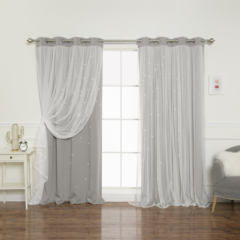 Jenifer Tulle Overlay Star Cutout Solid Room-Darkening Grommet Curtain Panels, 52" W x 63" L, Dove