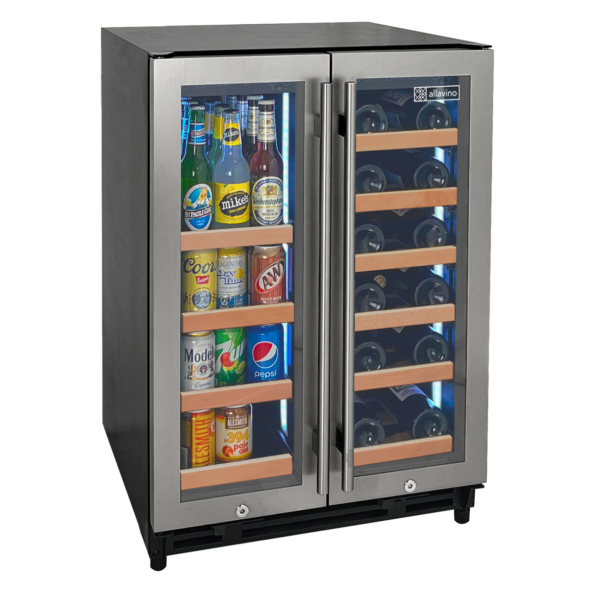 Allavino Reserva Series 24" Wide Two Door Stainless Steel Wine Refrigerator/Beverage Center with Wood Front Shelves — FIN-0015582 | Fridge.com