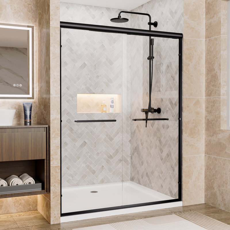 Aluminum Frame Material Double Sliding Opening Shower Door  - 1/4" (6Mm) Clear Tempered Glass With Explosion-Proof Film, Dual Stainless Steel Handles