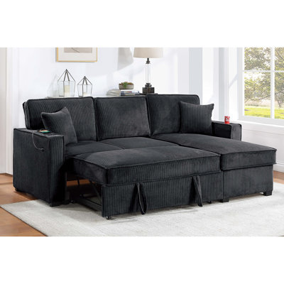 Canapé d'angle convertible 2 pièces de style contemporain avec méridienne réversible, compartiment de rangement, porte-gobelets, port USB, lit gigogne, revêtement en velours côtelé noir épais effet fourrure pour le salon.