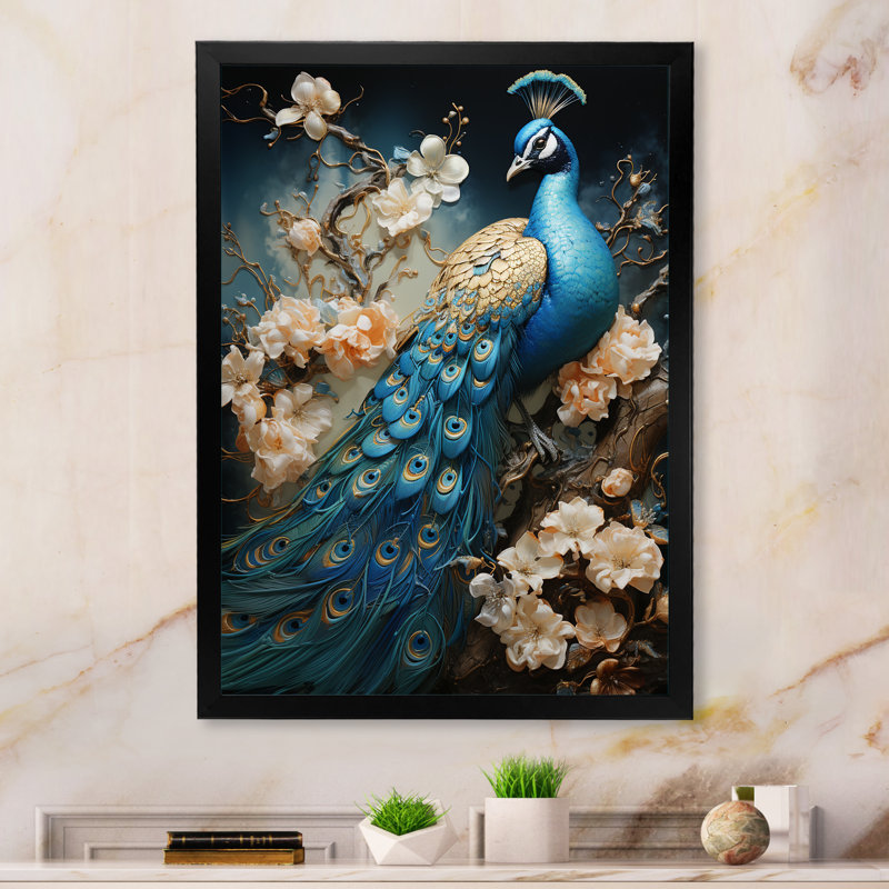 Ysaline Peacock Encaustic Portrait I - paon, art mural sur toile, Cadre simple noir, H 44 po x l 34 po