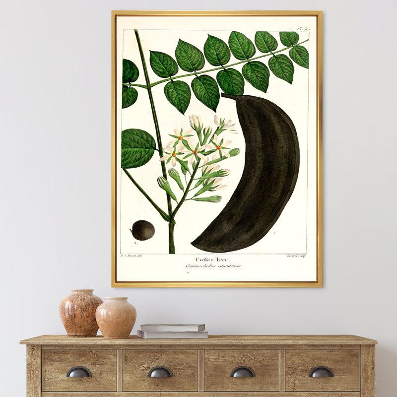 Vie végétale rétro - peinture sur toile, H 40 po x l 30 po x 1,5 po, Cadre flottant doré