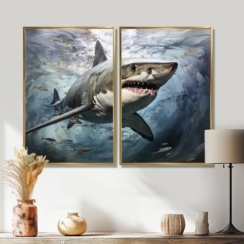 Requin gris «Silent Hunter II» - art mural gris, H 36 po x l 48 po, Impression encadrée flottante, Doré