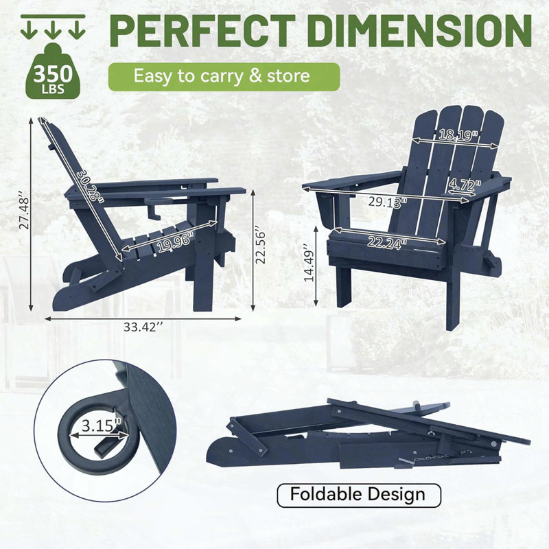 Folding HDPE Adirondack Chairs Set of 2 with Hidden Cup Holders (Dark Blue)