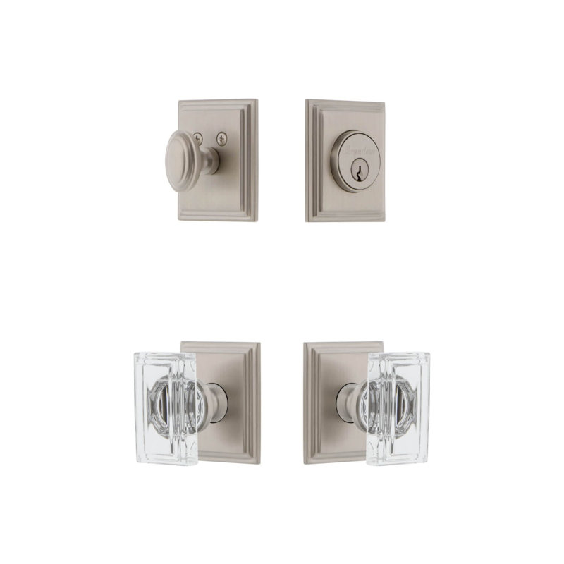 Carre Square Rosette Complete Entry Set with Single Cylinder Deadbolt and Carre Crystal Knob, 2.375", Satin Nickel