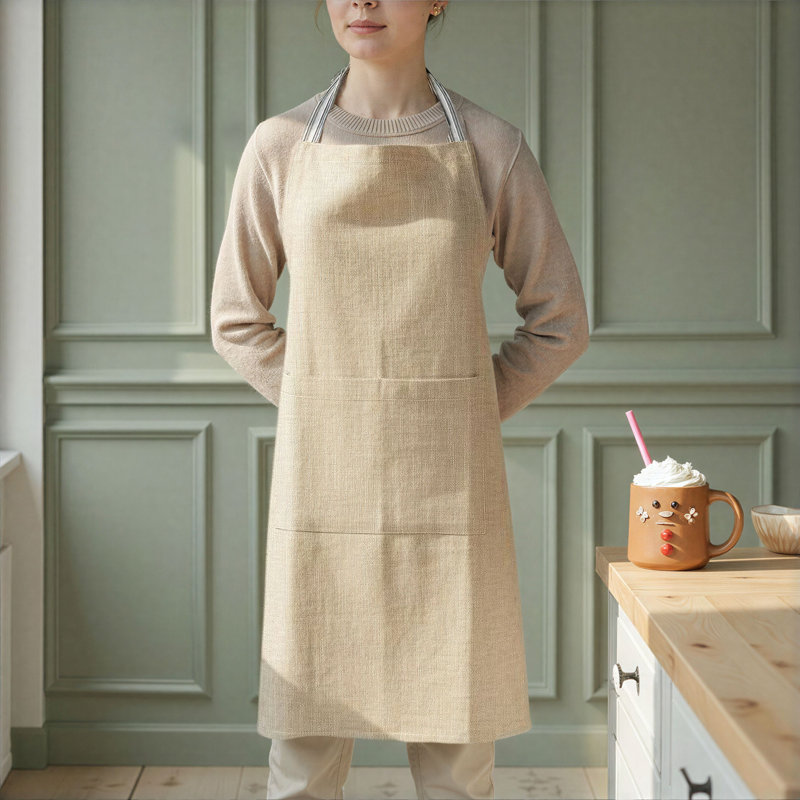 Woven Cotton Kitchen Apron With Striped Shoulder Straps