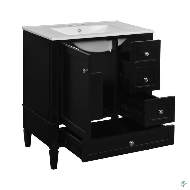 30 Inch Bathroom Vanity With Ceramic Sink, 3 Drawers, Solid Wood Frame Modern Bathroom Storage Cabinet, Black/Silver