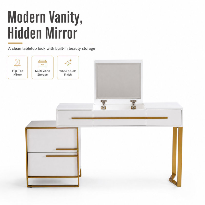 47.24" W Modern Vanity with Flip-Top Mirror, White/Gold