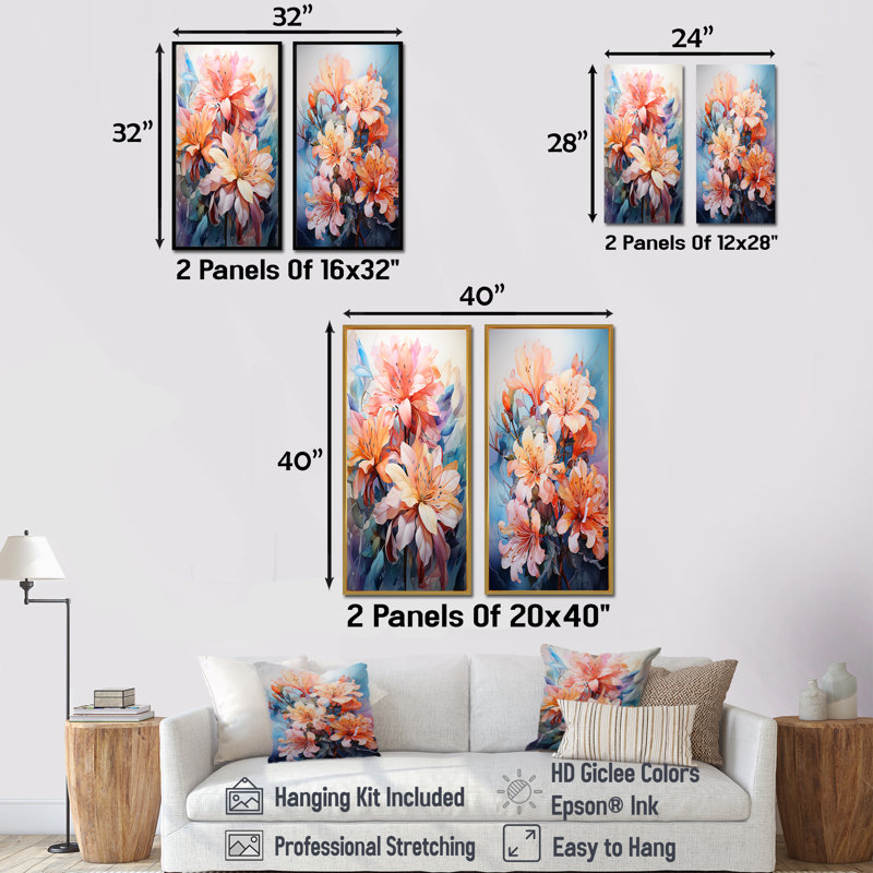 Joyeux bouquet d'hibiscus tropical - ensemble de 2 reproductions d'art mural hibiscus, Encadrement doré, H 40 po x l 41 po