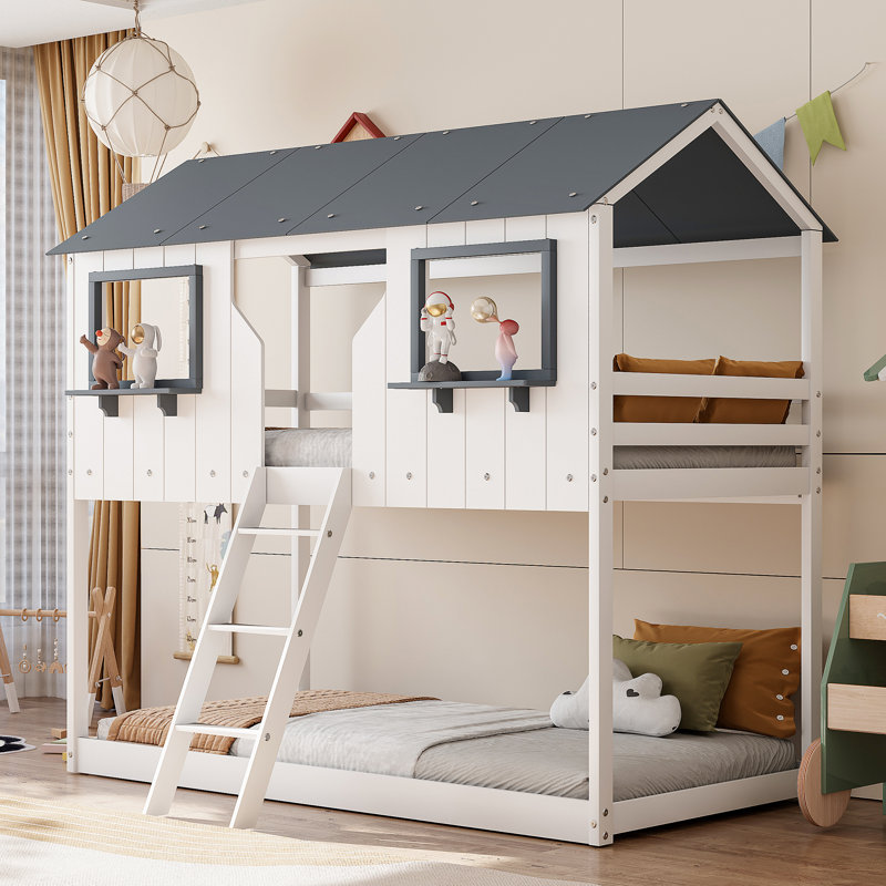 Twin Over Twin Wood Bunk Bed, Playhouse Design with Roof & Windows, Guardrails and Ladder, White