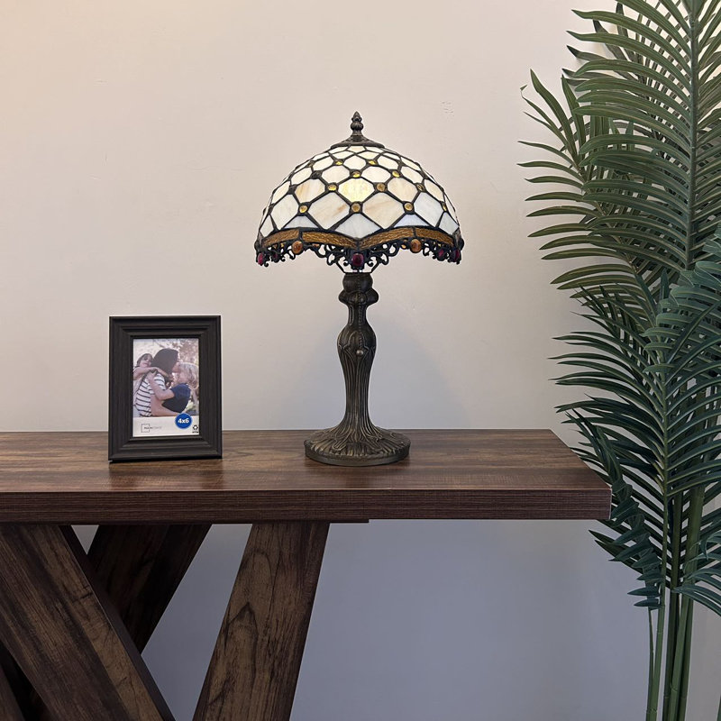 Bloomsbury Tiffany Table Lamp Beige Stained Glass Crystal Beans Included LED Bulb 12"W*12"D*21"H