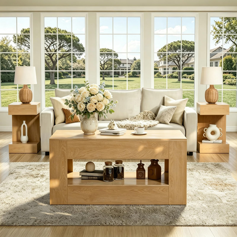 Ensemble de 3 pièces comprenant une table basse, 2 tables d'appoint, une tablette de rangement ouverte et un fini aspect bois naturel. Points clés