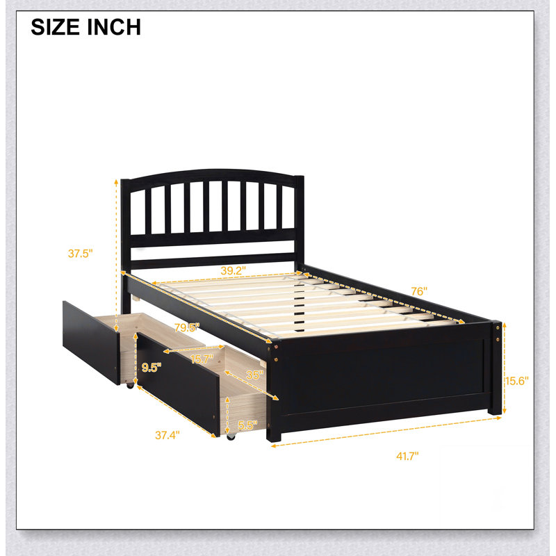 Twin Platform Storage Bed Wood Bed Frame with Two Drawers and Headboard, Espresso
