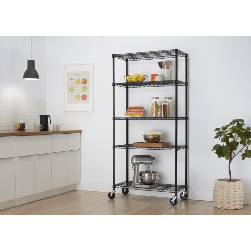 Black 5-Tier Steel Wire Shelving Unit with Wheels, 18"L x 36"W x 76"H