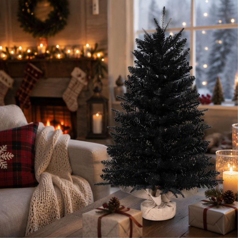 Sapin de Noël artificiel noir de 60 cm (2 pi) en PE et PVC, avec 159 branches et un diamètre maximal de 43 cm (17 po), base en toile de jute cimentée, décoration de table double usage pour Halloween et Noël.