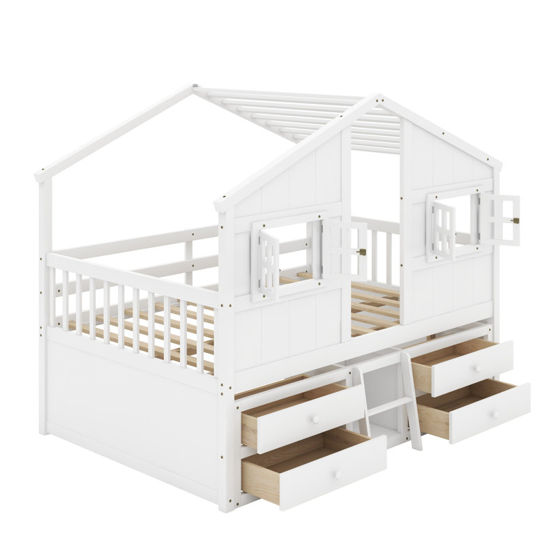 Full Size House Loft Bed With Roof, Windows,4 Storage Drawers,Pine Wooden Bed With Safety Guardrails,Ladder, White