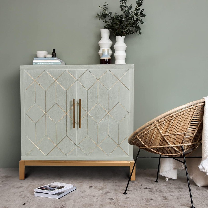 Green and Gold Geometric Patterned Wooden Cabinet with Adjustable Shelving