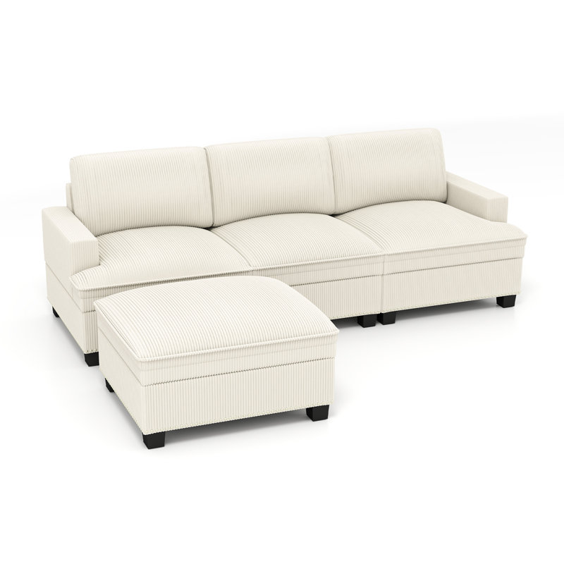 4-Piece Modern L-Shaped Corduroy Modular Sectional Sofa, Cloud Couch With Storage Ottoman, Beige Corduroy