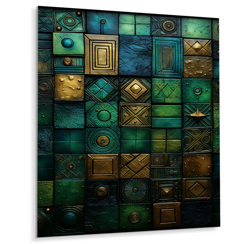 Carreaux de mosaïque vert Maya - tuile abstraite, art mural en métal, H 40 po x l 30 po x P 1,5 po