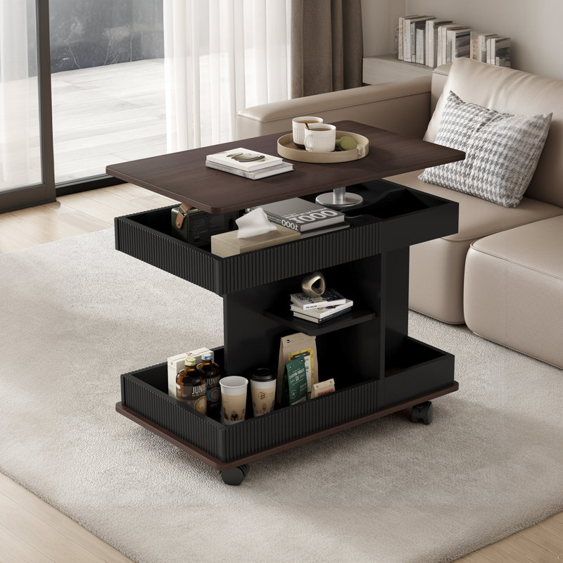Adjustable Coffee Table With Wheels, Modern Multi-Functional Sofa Side Table With A Lift-Up Ceiling, 360° Rotatable Top