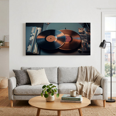 Ensemble de 1 tableau sur toile représentant des disques vinyles