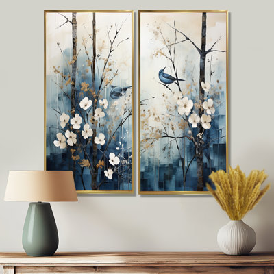 «Blue and White Forest Winter Harmony I», art mural traditionnel sur toile beige à 2 panneaux