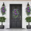 2 pièces couronne de printemps pour porte d'entrée, guirlande de printemps en forme de goutte, guirlande de fleurs de tulipe lavande artificielle avec feuilles vertes, couronne de guirlande florale artificielle pour décoration murale de fenêtre