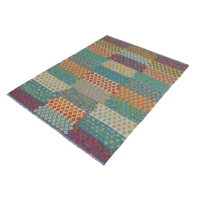 Tapis rouge / bleu en laine tissé à la main à motif tribal / géométrique / sud-ouest de 6 pi 0 po x 8 pi 1 po Cedorah