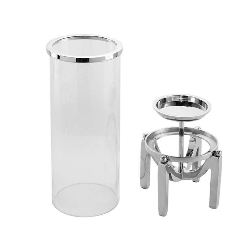 Porte-bougie Rexy Hurricane, pieds argentés minimalistes, verre transparent 16 po